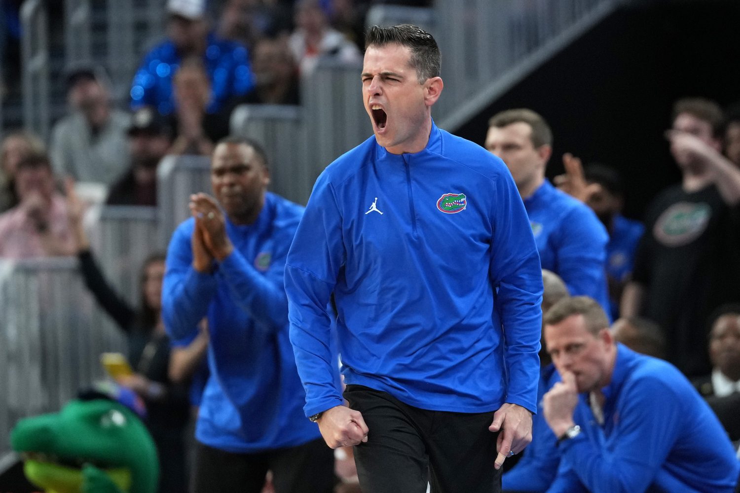 SAN FRANCISCO, CALIFORNIA - MARCH 27: Head coach Todd Golden of the Florida Gators reacts against the Maryland Terrapins during the second half in the West Regional Sweet Sixteen round of the NCAA Men's Basketball Tournament at Chase Center on March 27, 2025 in San Francisco, California. (Photo by Thearon W. Henderson/Getty Images)