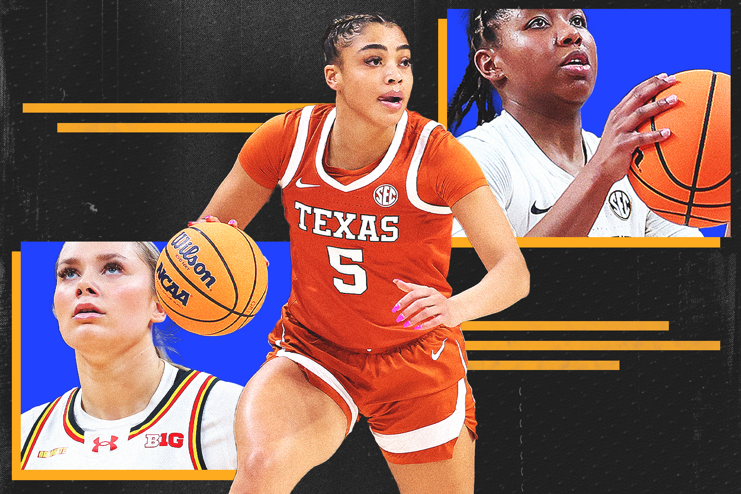 Graphic of women's college basketball players Allie Kubek, Laila Phelia and Iyana Moore