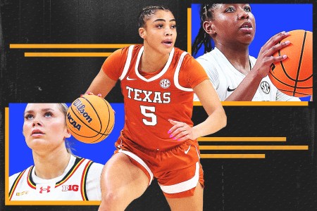 Graphic of women's college basketball players Allie Kubek, Laila Phelia and Iyana Moore