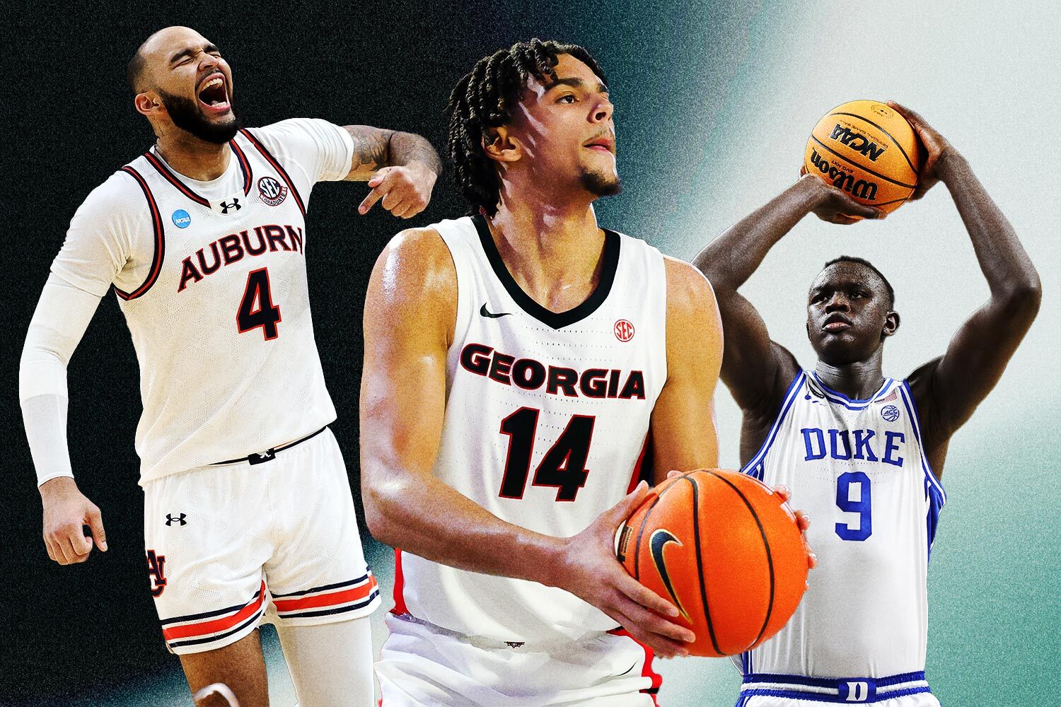 Johni Broome (left), Asa Newell (middle) and Khaman Maluach (right) are big men with capital in the upcoming NBA Draft