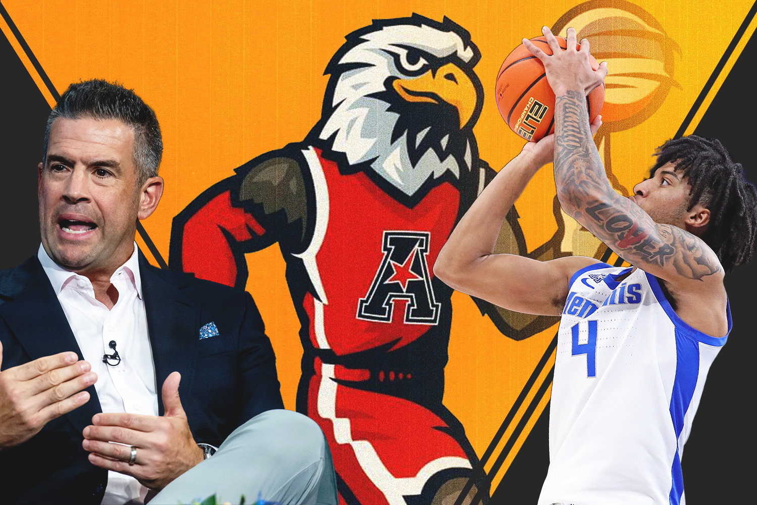 Comissioner Tim Pernetti (left) announced Sunday that the AAC would rebrand to the American Conference, and adopt Soar the Eagle (middle) as a mascot