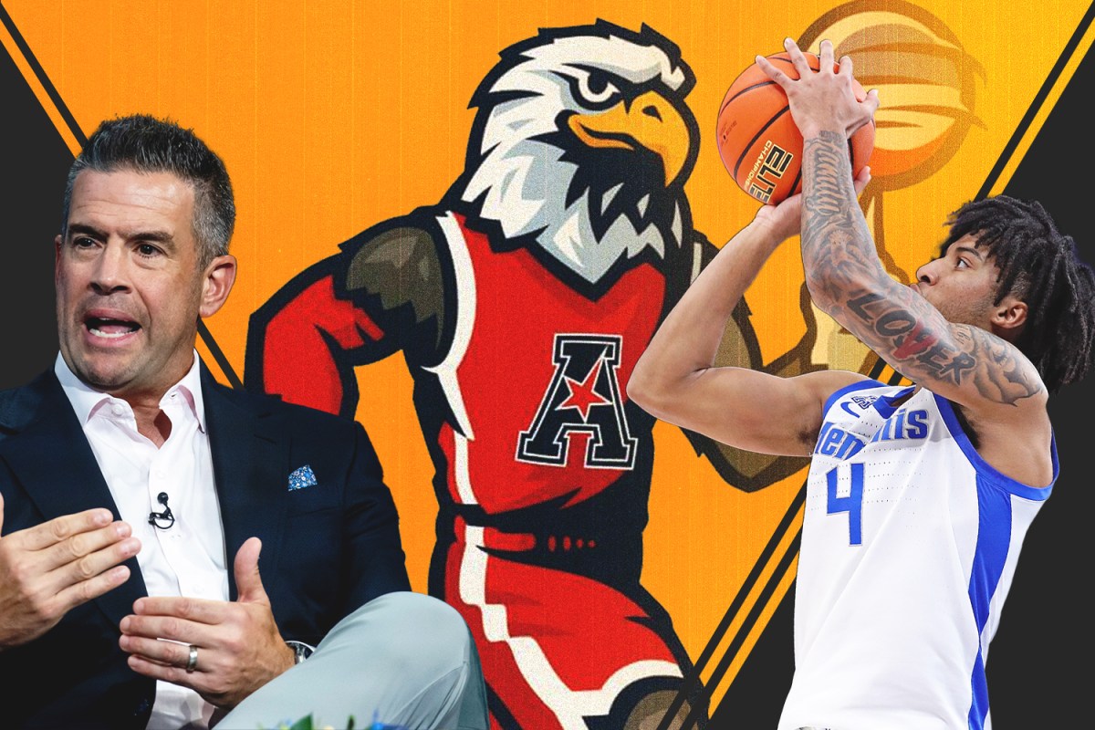 Comissioner Tim Pernetti (left) announced Sunday that the AAC would rebrand to the American Conference, and adopt Soar the Eagle (middle) as a mascot