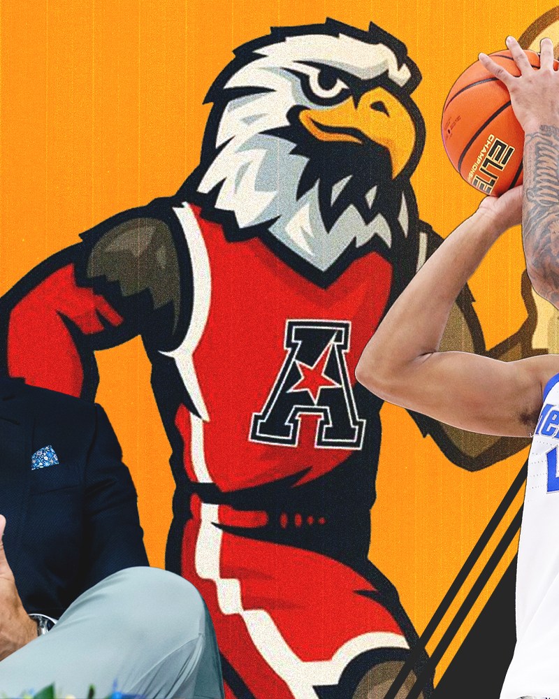 Comissioner Tim Pernetti (left) announced Sunday that the AAC would rebrand to the American Conference, and adopt Soar the Eagle (middle) as a mascot