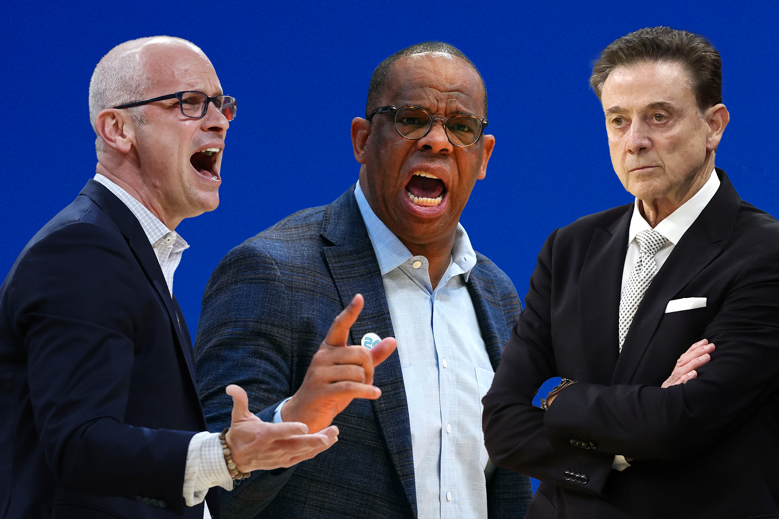 Dan Hurley (left), Hubert Davis (middle) and Rick Pitino (right) are among the coaches with the biggest storylines headed into the 2025-2026 season