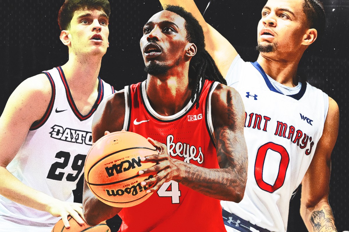 Amael L'Etang (left), Aaron Bradshaw (center) and Mikey Lewis (right) are among the top mid-major breakout candidates this season