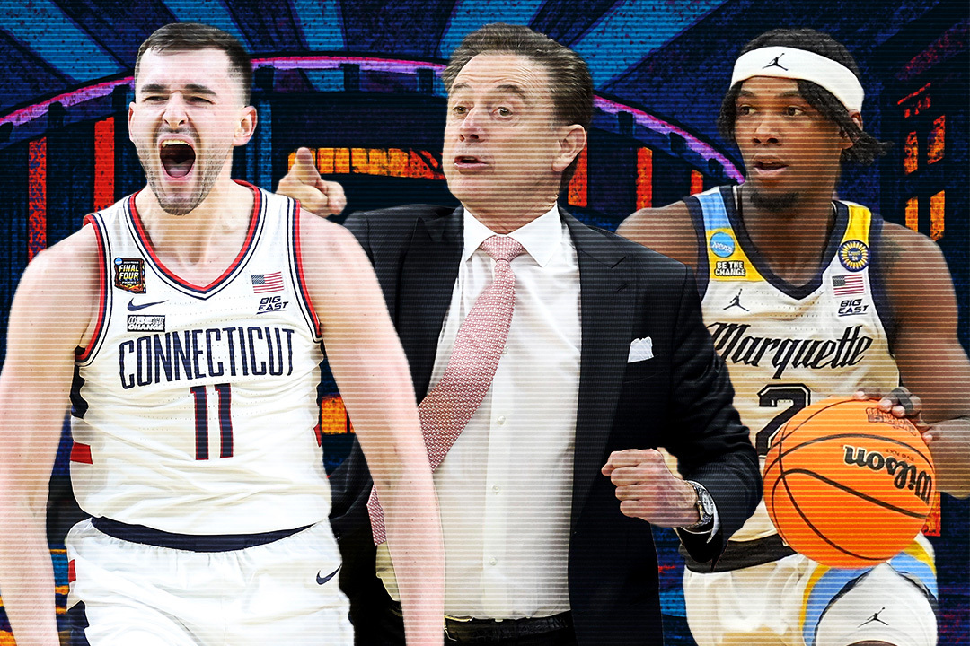 Alex Karaban (left), Rick Pitino (center) and Chase Ross (right) are among the power players of the Big East headed into the 2025-26 season