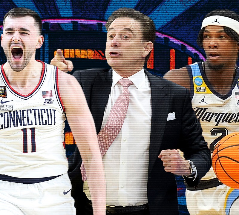 Alex Karaban (left), Rick Pitino (center) and Chase Ross (right) are among the power players of the Big East headed into the 2025-26 season