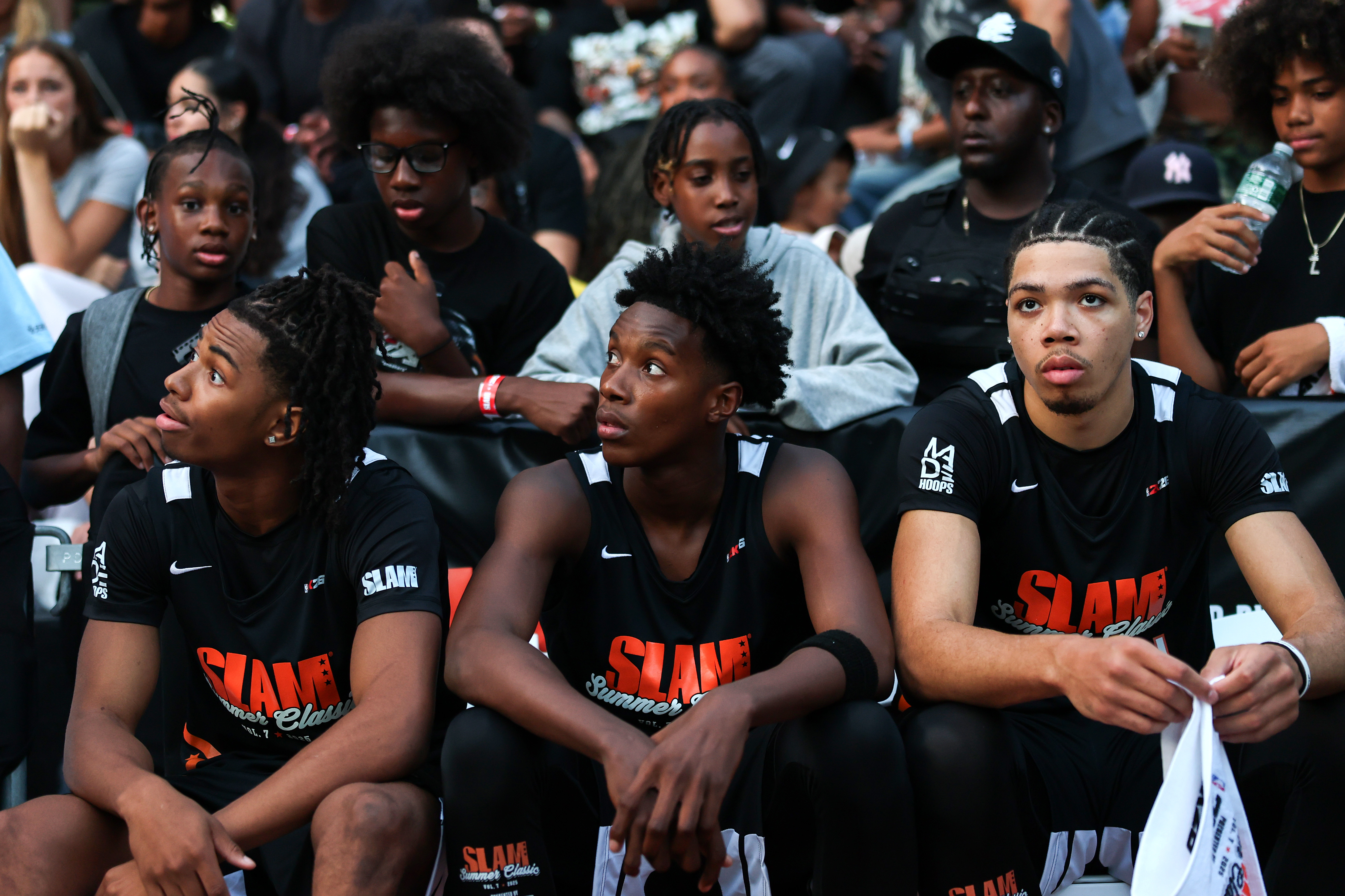 Number 1 recruit Tyran Stokes (right) looks on before the SLAM Summer Classic in New York City in August