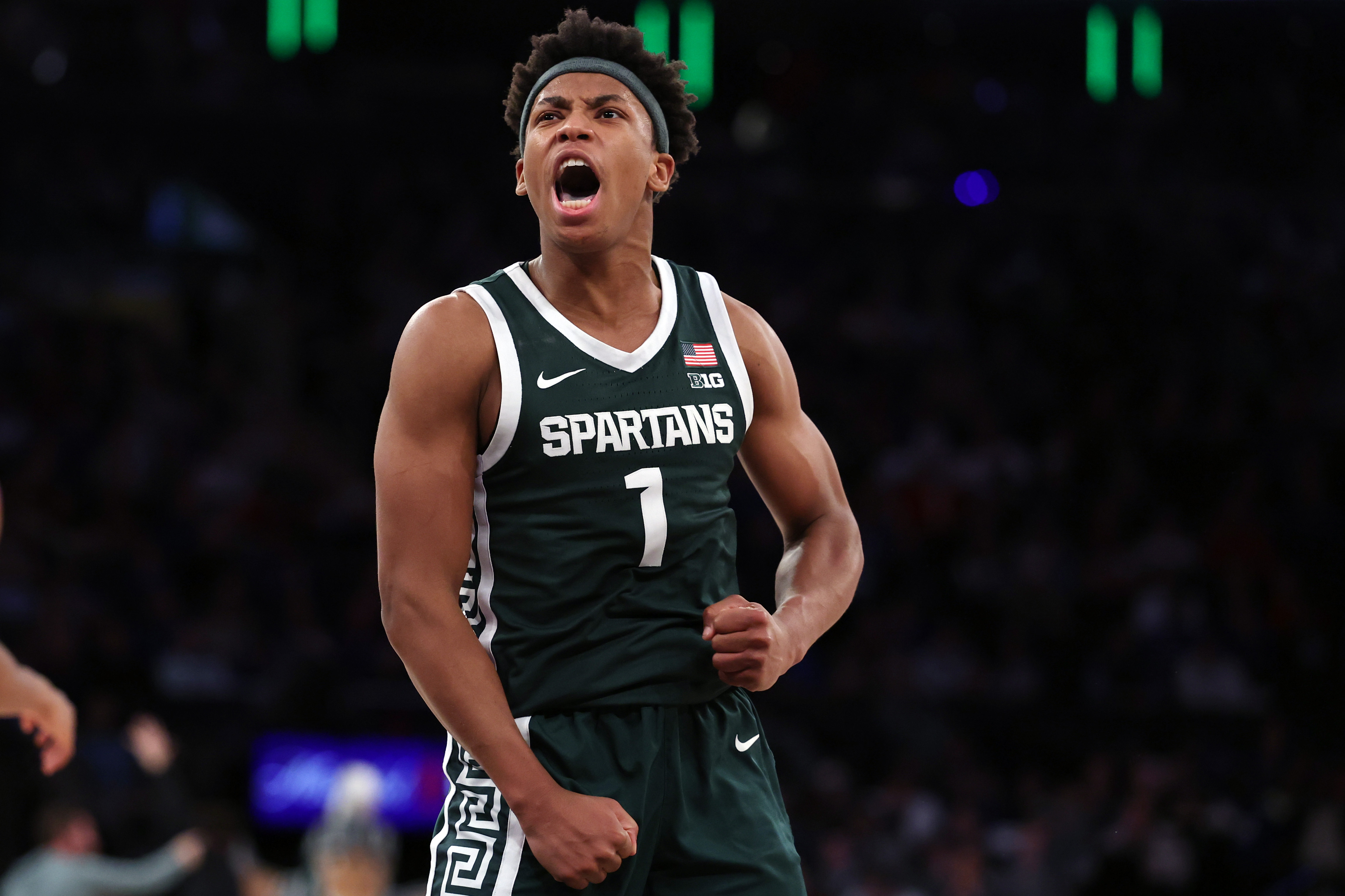 Jeremy Fears Jr. of the Michigan State Spartans reacts against the Kentucky Wildcats in the 2025 State Farm Champions Classic at Madison Square Garden on November 18, 2025