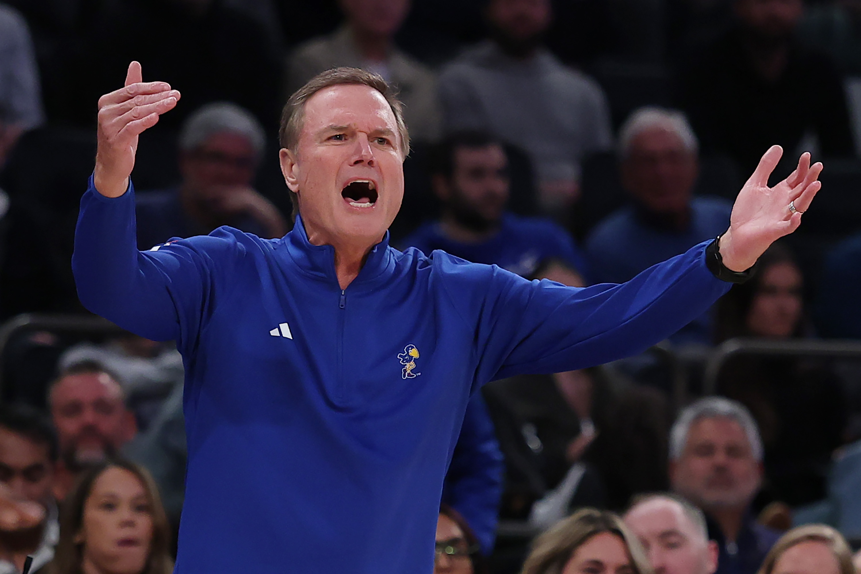 Head coach Bill Self of the Kansas Jayhawks reacts during the first half against Duke on November 18, 2025 in New York City. 
