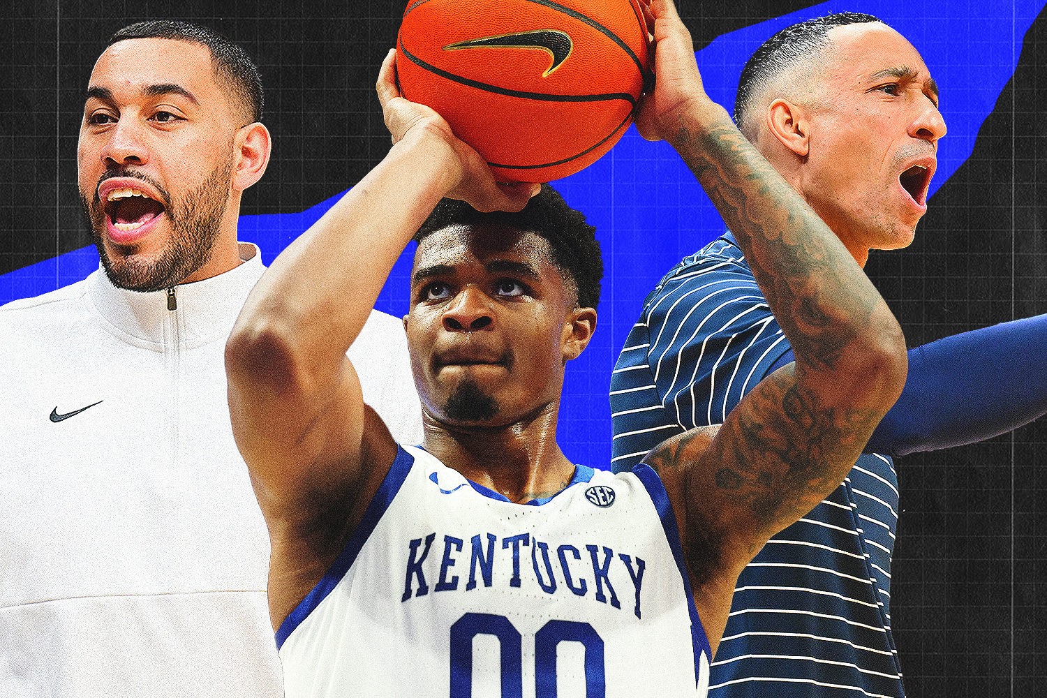 Otega Oweh (center), Drew Valentine (left) and Shaka Smart (right) are key figures for teams on concerning trajectories