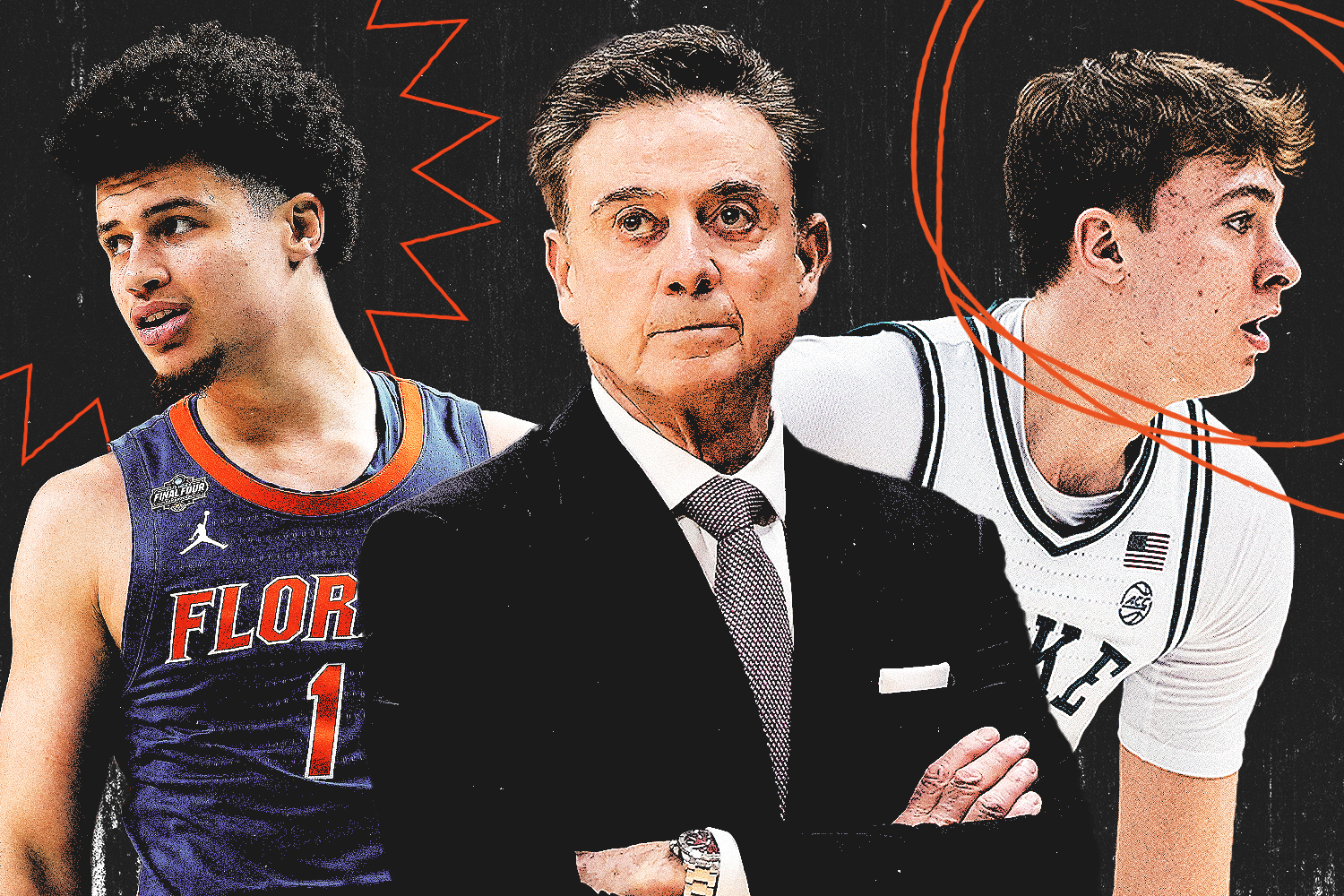 Walter Clayton Jr. (left), Rick Pitino (center) and Cooper Flagg (right) headline 2025's top storylines