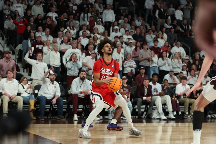 Ole Miss guard Patton Pinkins prepares to drop a buzzer-beater against Mississippi State