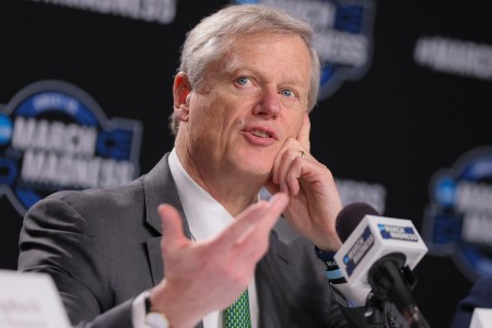 NCAA President Charlie Baker, shown speaking at the 2024 announcement of a gambling prevention program