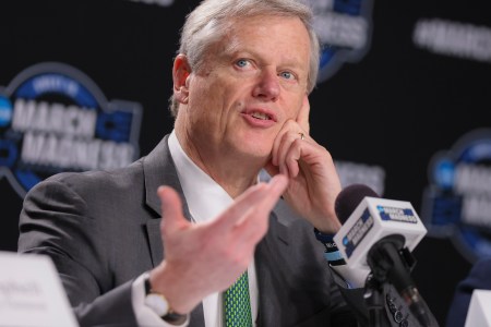 NCAA President Charlie Baker, shown speaking at the 2024 announcement of a gambling prevention program