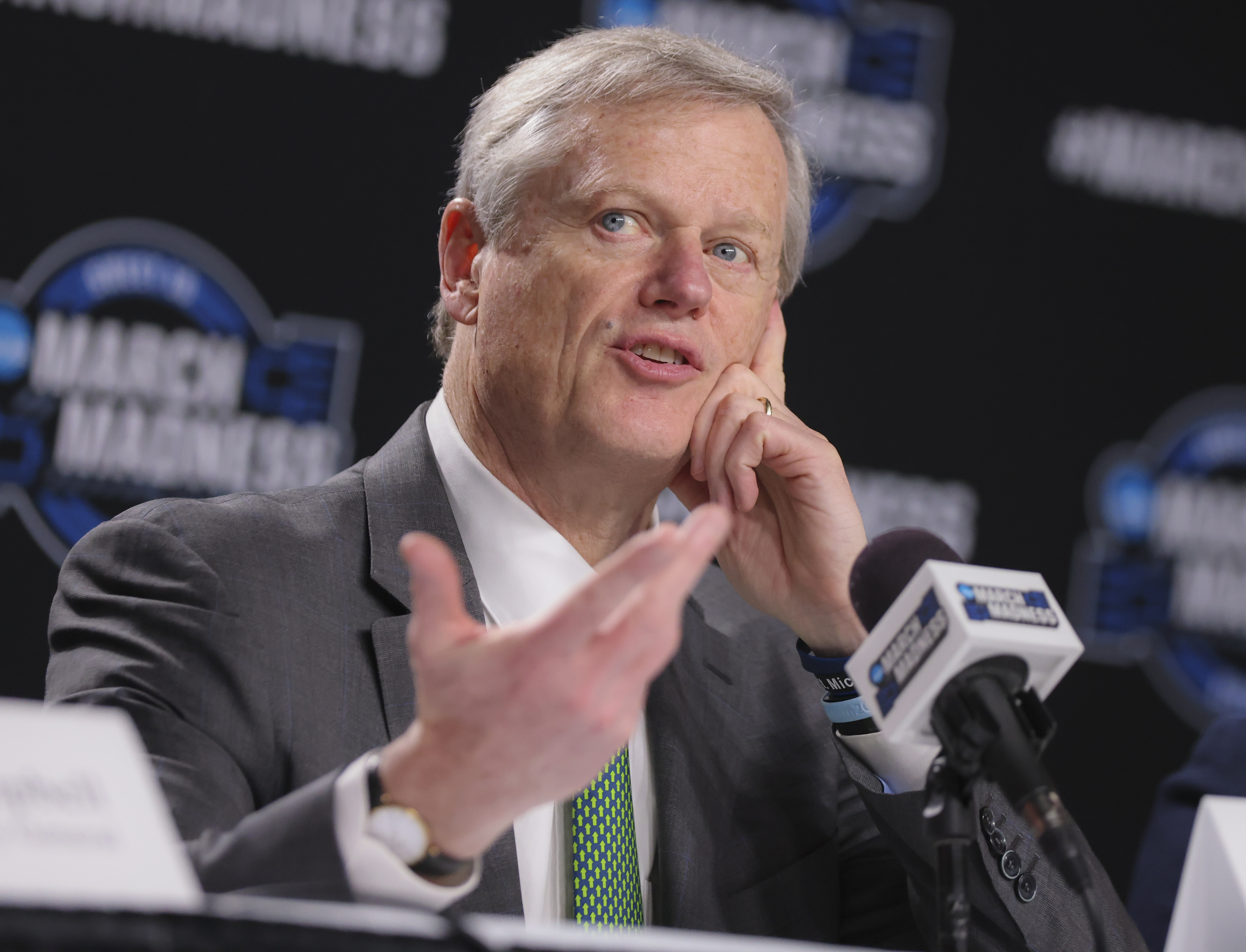 NCAA President Charlie Baker, shown speaking at the 2024 announcement of a gambling prevention program
