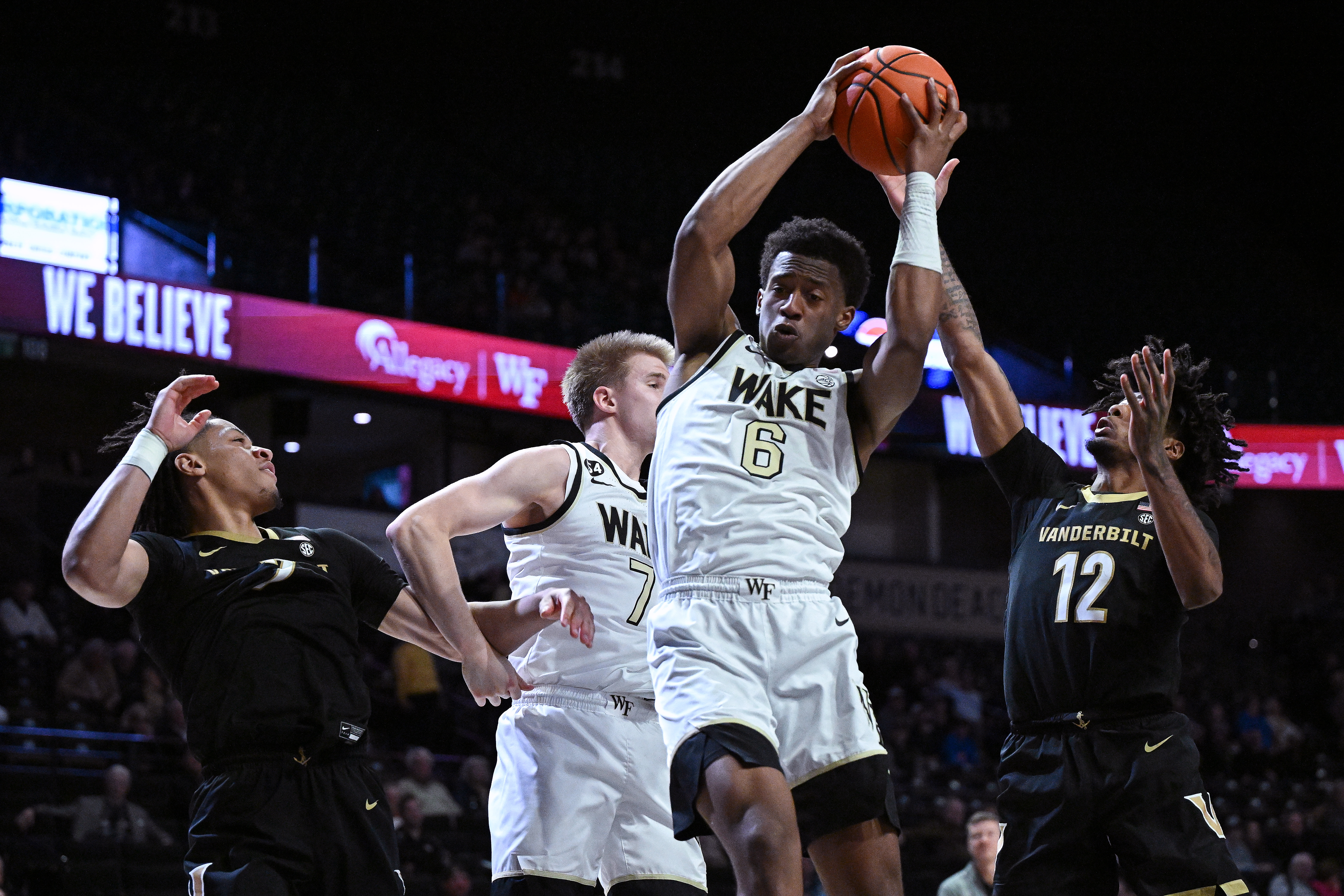 Myles Colvin grabs a rebound at Wake Forest