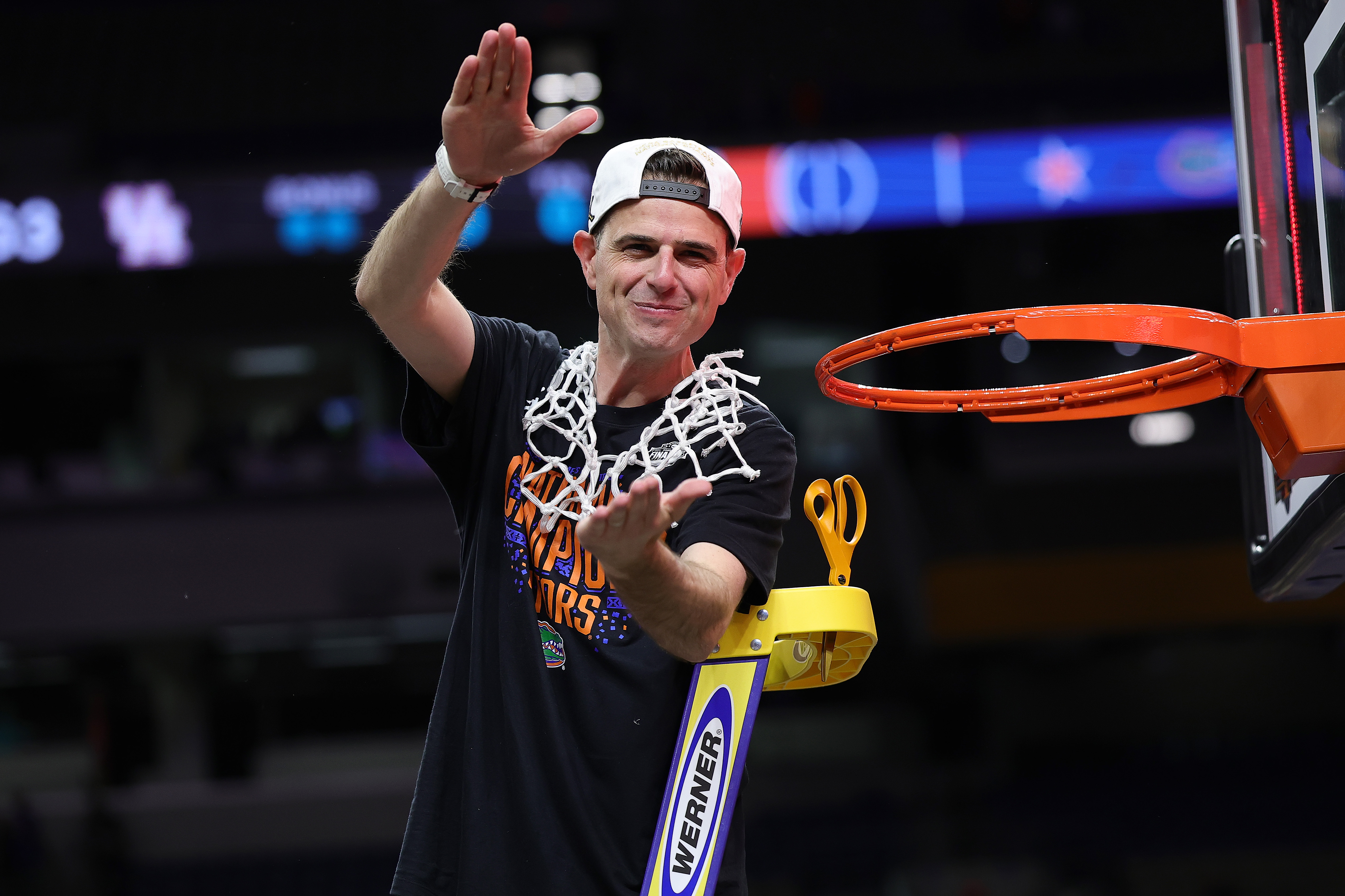 Gators head coach Todd Golden celebrating Florida's national championship last spring