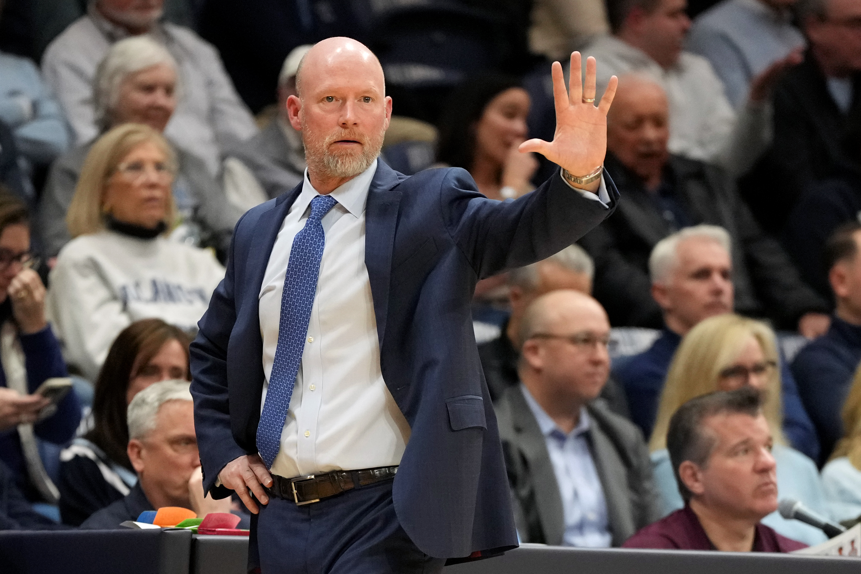 Head coach Kevin Willard of the Villanova Wildcats signals a play during a college basketball game against the Georgetown Hoyas at Finneran Pavilion on January 21, 2026 in Villanova, Pennsylvania.  