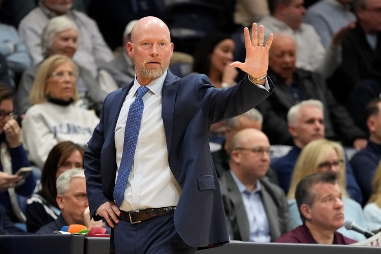 Head coach Kevin Willard of the Villanova Wildcats signals a play during a college basketball game against the Georgetown Hoyas at Finneran Pavilion on January 21, 2026 in Villanova, Pennsylvania.