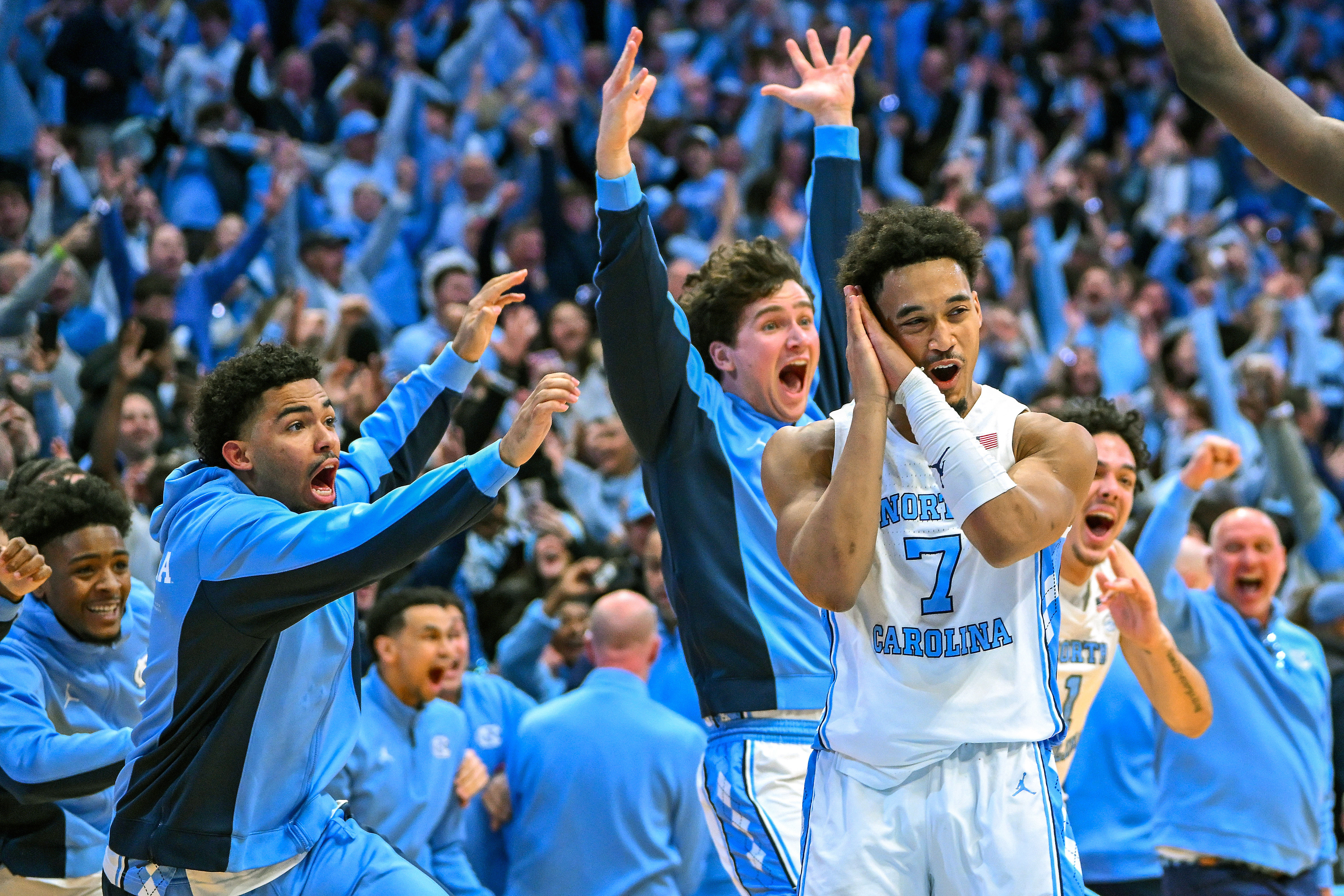 North Carolina senior Seth Trimble celebrating his winning shot over rival Duke