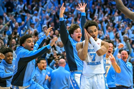North Carolina senior Seth Trimble celebrating his winning shot over rival Duke