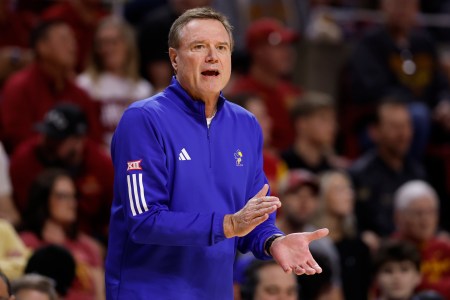 Kansas head coach Bill Self encouraging his Jayhawks from the sidelines during their 74-56 loss at Iowa State on Feb. 14