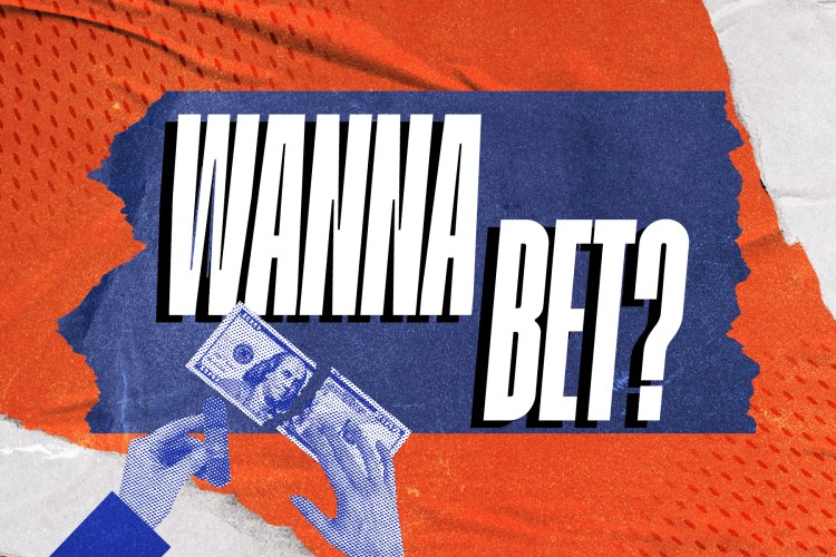 "Wanna Bet?" text over graphic of hand holding hundred dollar bill