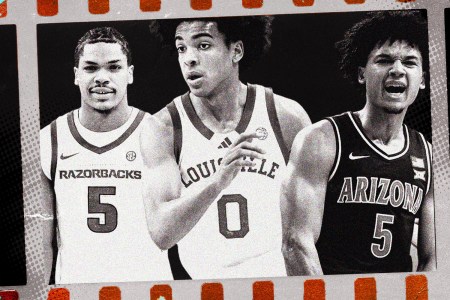 From left to right: Darius Acuff Jr. of Arkansas, Mikel Brown Jr. of Louisville and Arizona's Brayden Burries