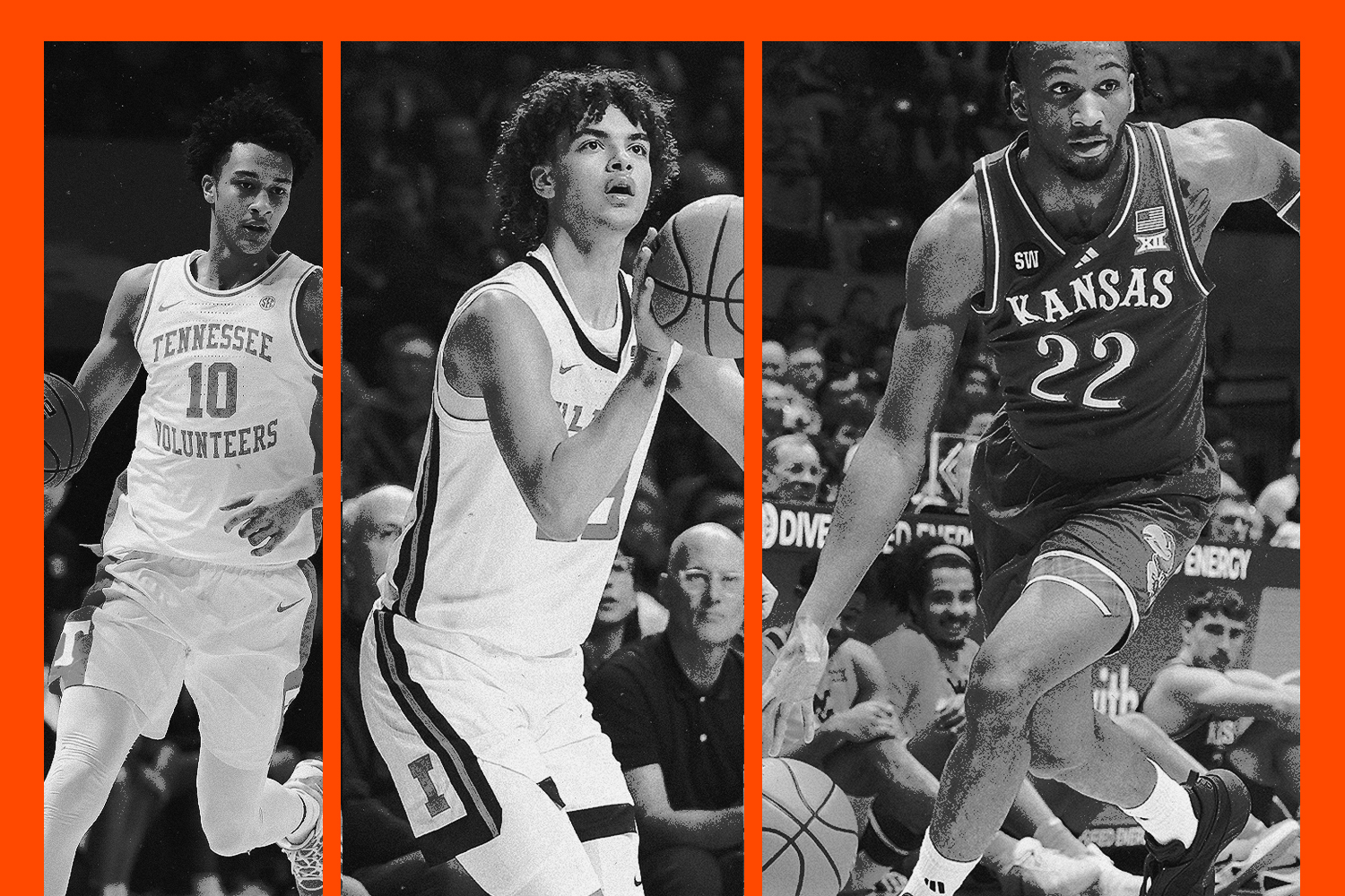 Tennessee's Nate Ament (left), Keaton Wagler of Illinois (center) and Kansas' Darryn Peterson (right) are part of arguably the greatest freshman class in college basketball history