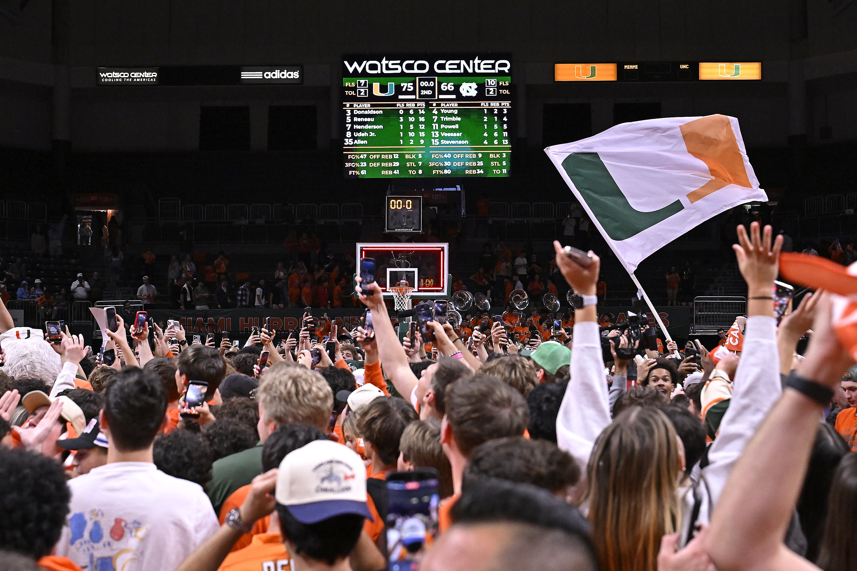 Storm or Hurricane? Miami fans took to the floor after a decisive win over UNC