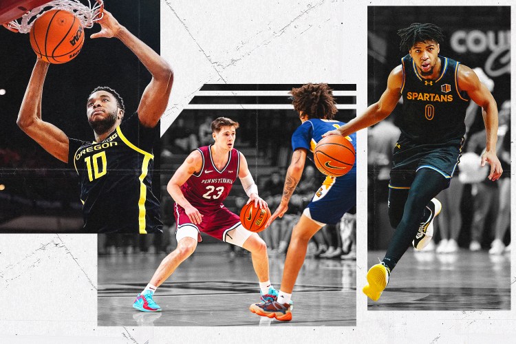 3 college basketball players in various states of play