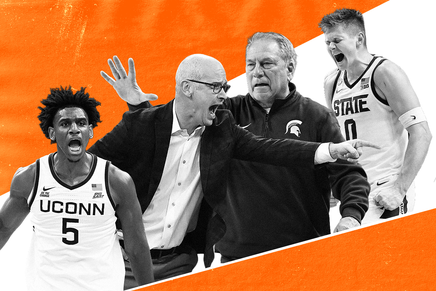 Graphic of UConn's Tarris Reed Jr. and coach Dan Hurley opposite Michigan State coach Tom Izzo and Jaxon Koehler