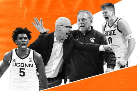 Graphic of UConn's Tarris Reed Jr. and coach Dan Hurley opposite Michigan State coach Tom Izzo and Jaxon Koehler