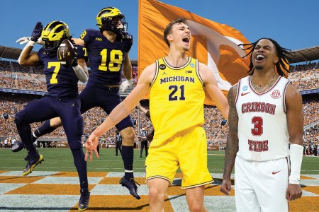 A graphic of college football and basketball players from Michigan and Alabama