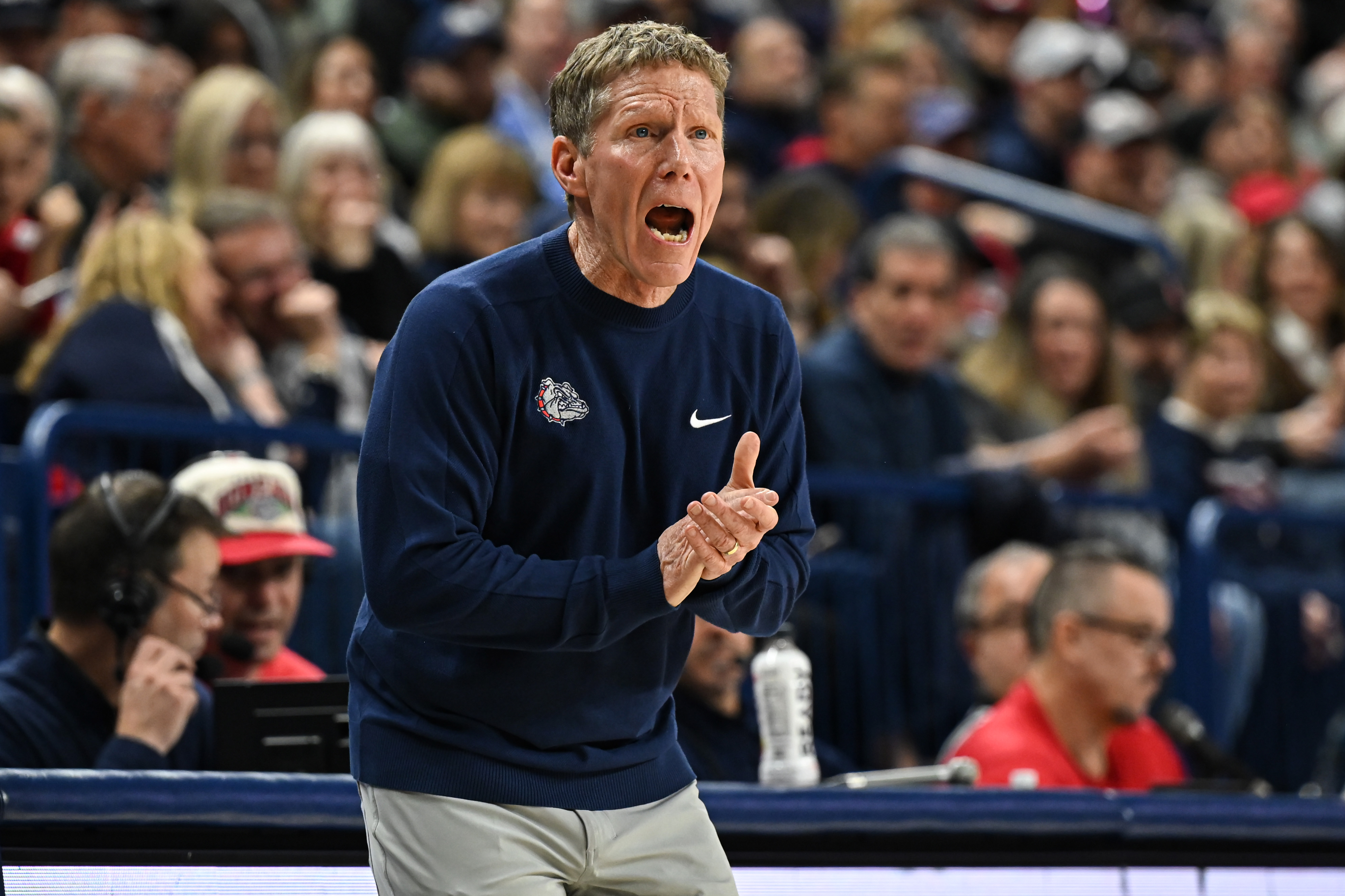 Mark Few shouting instructions from the sidelines during his 26th season as Gonzaga's head coach