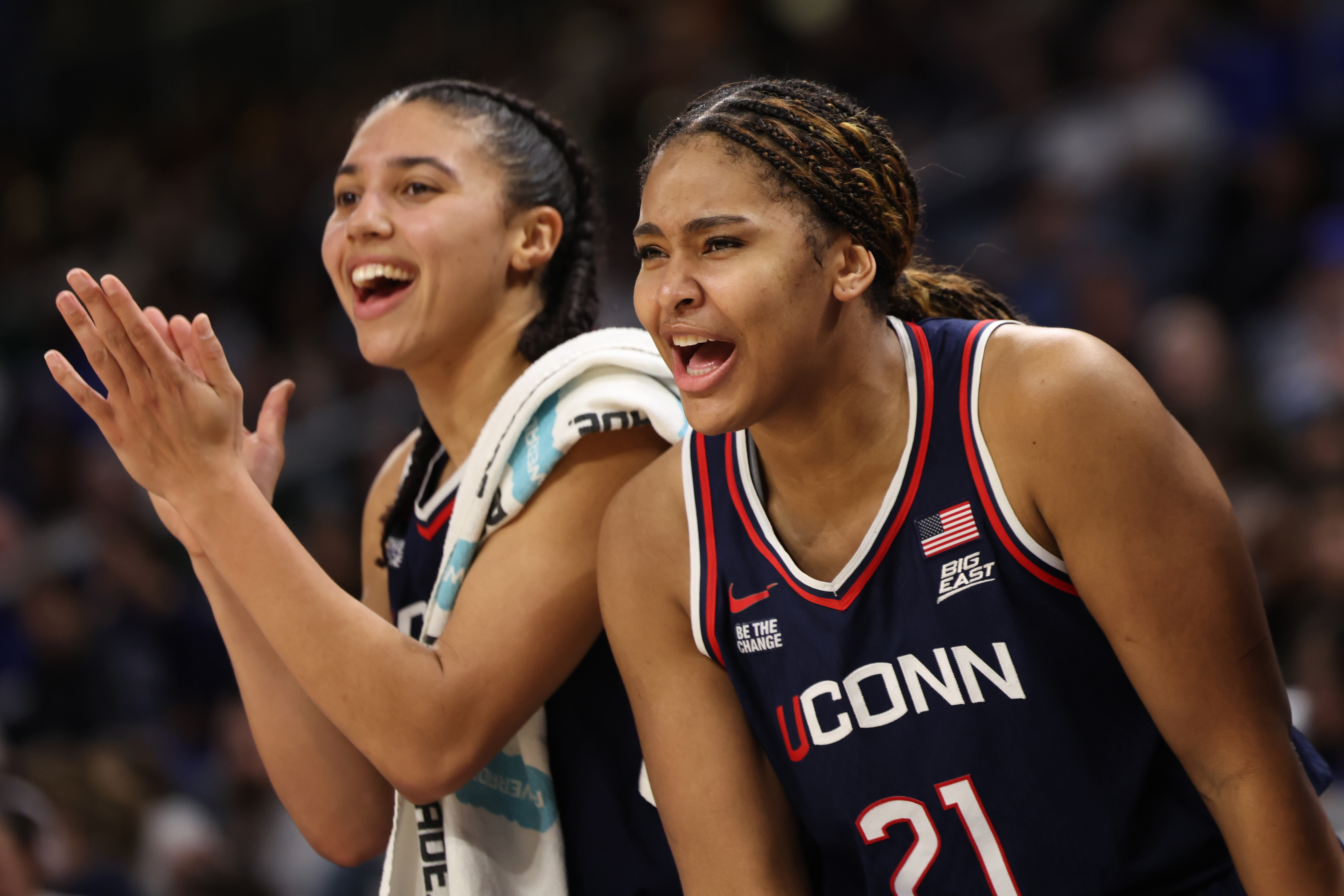 Although UCLA has the edge in Quad 1 wins, Azzi Fudd (left) and Sarah Strong (right) give UConn an excellent chance to repeat as national champs