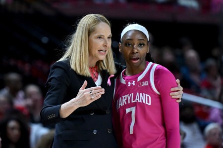 Oluchi Okananwa and coach Brenda Frese during a quieter moment back in February