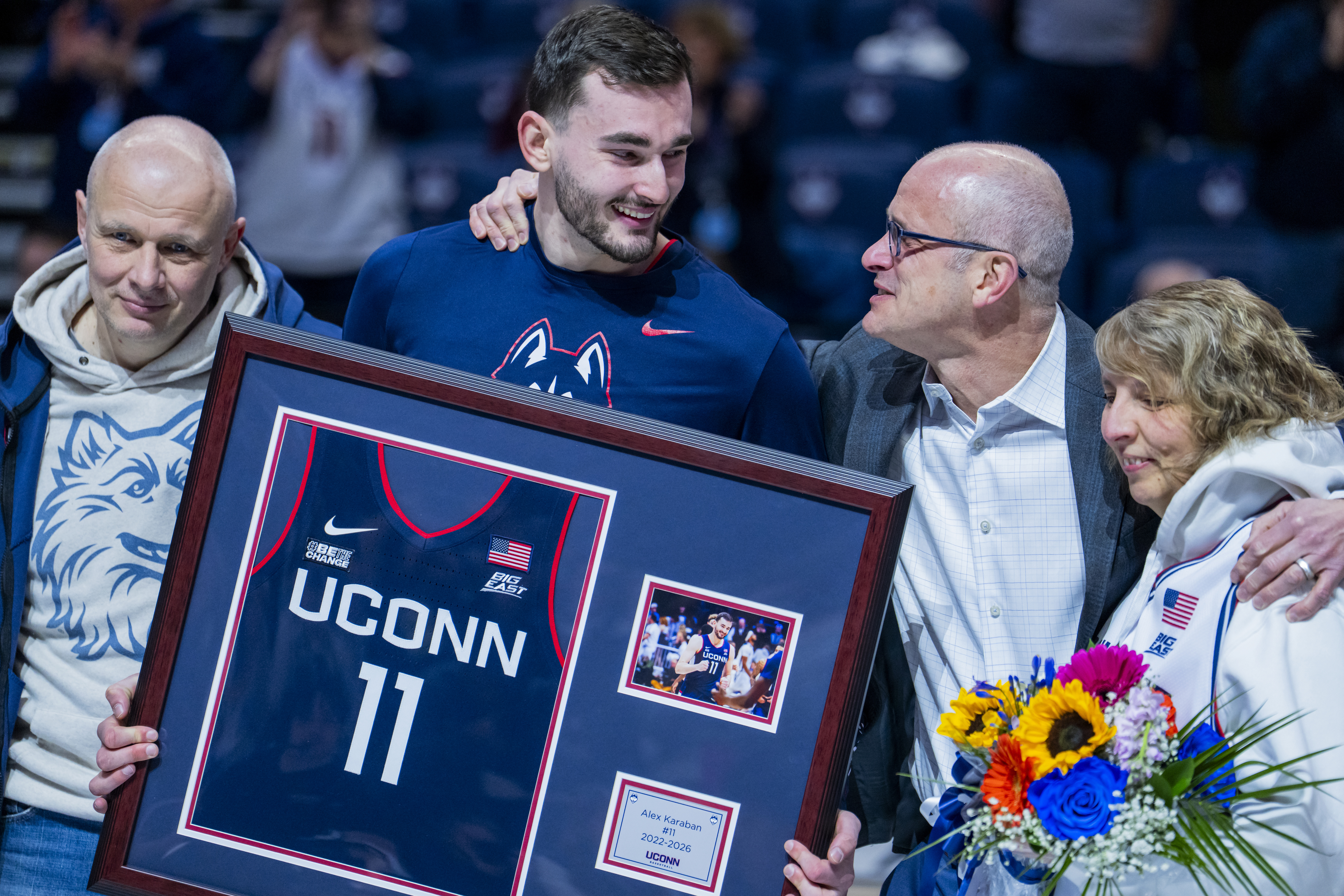 Karaban with Hurley during Senior Day celebrations prior to a win over Seton Hall