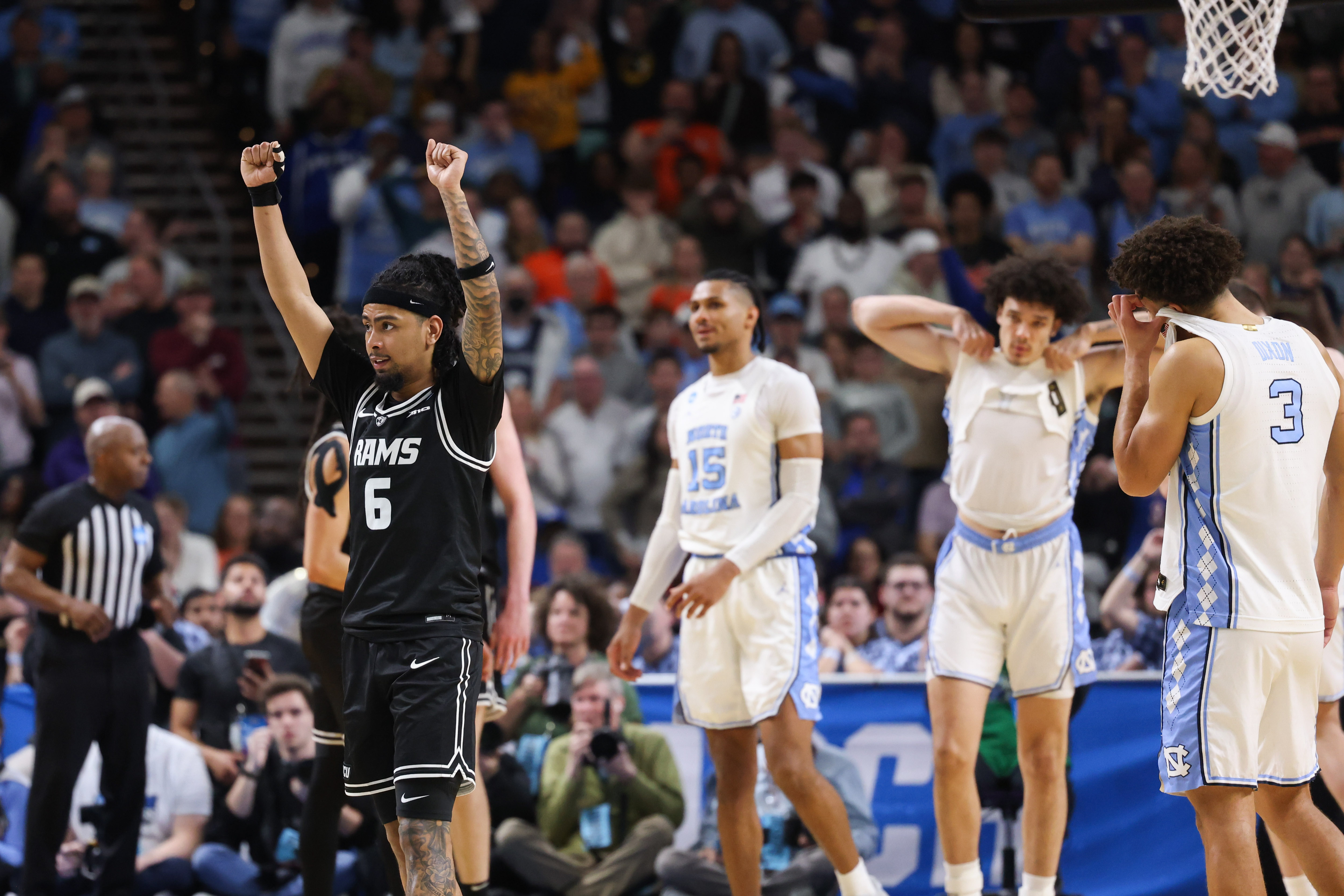 Terrence Hill Jr. celebrating VCU's upset win over the Tar Heels in the first-round of the NCAA Tournament