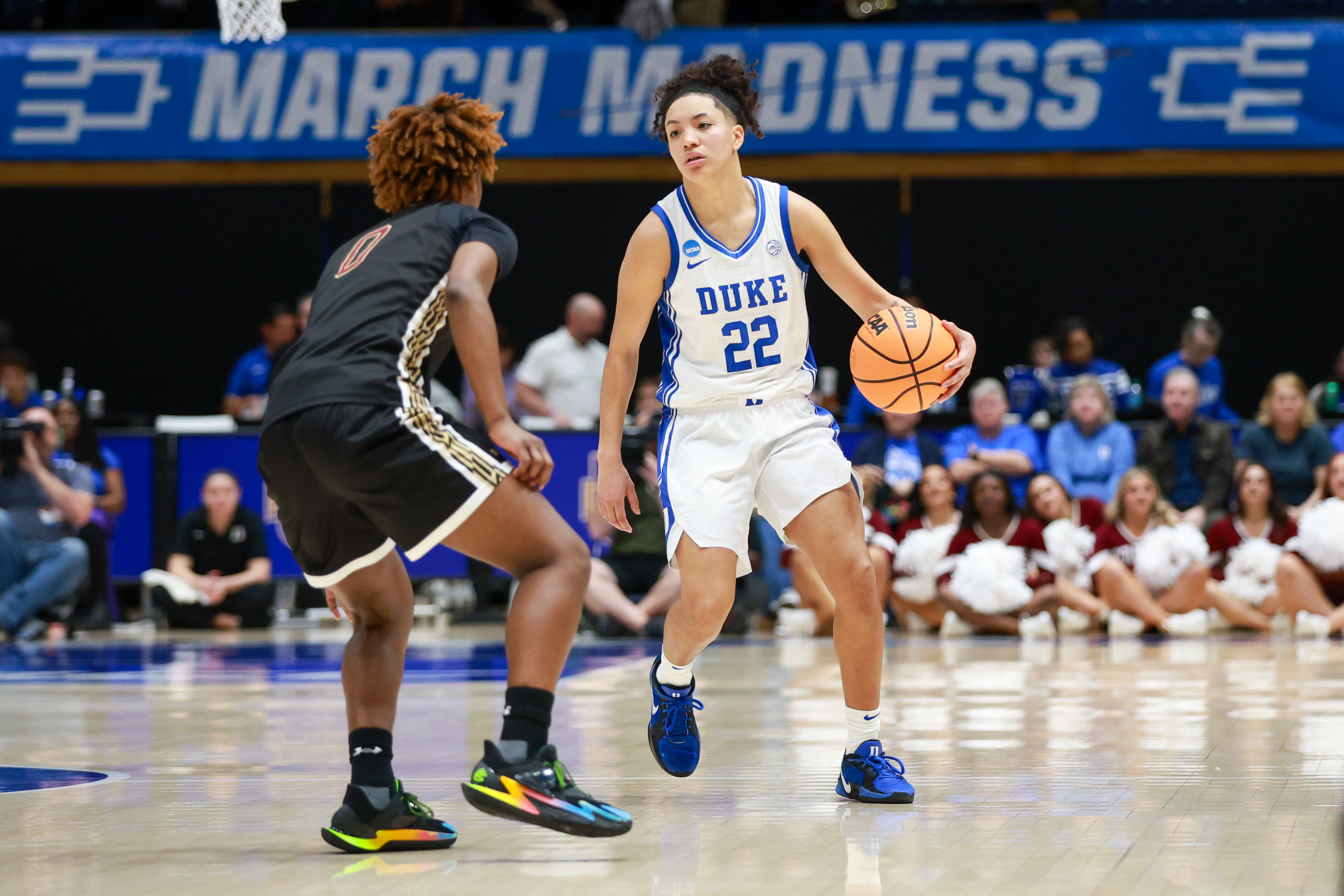 Taina Mair takes the ball up the court for Duke during its first-round winner over Charleston