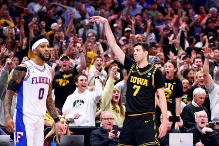 Alvaro Folgueiras reacts after hitting the game-winning 3-pointer