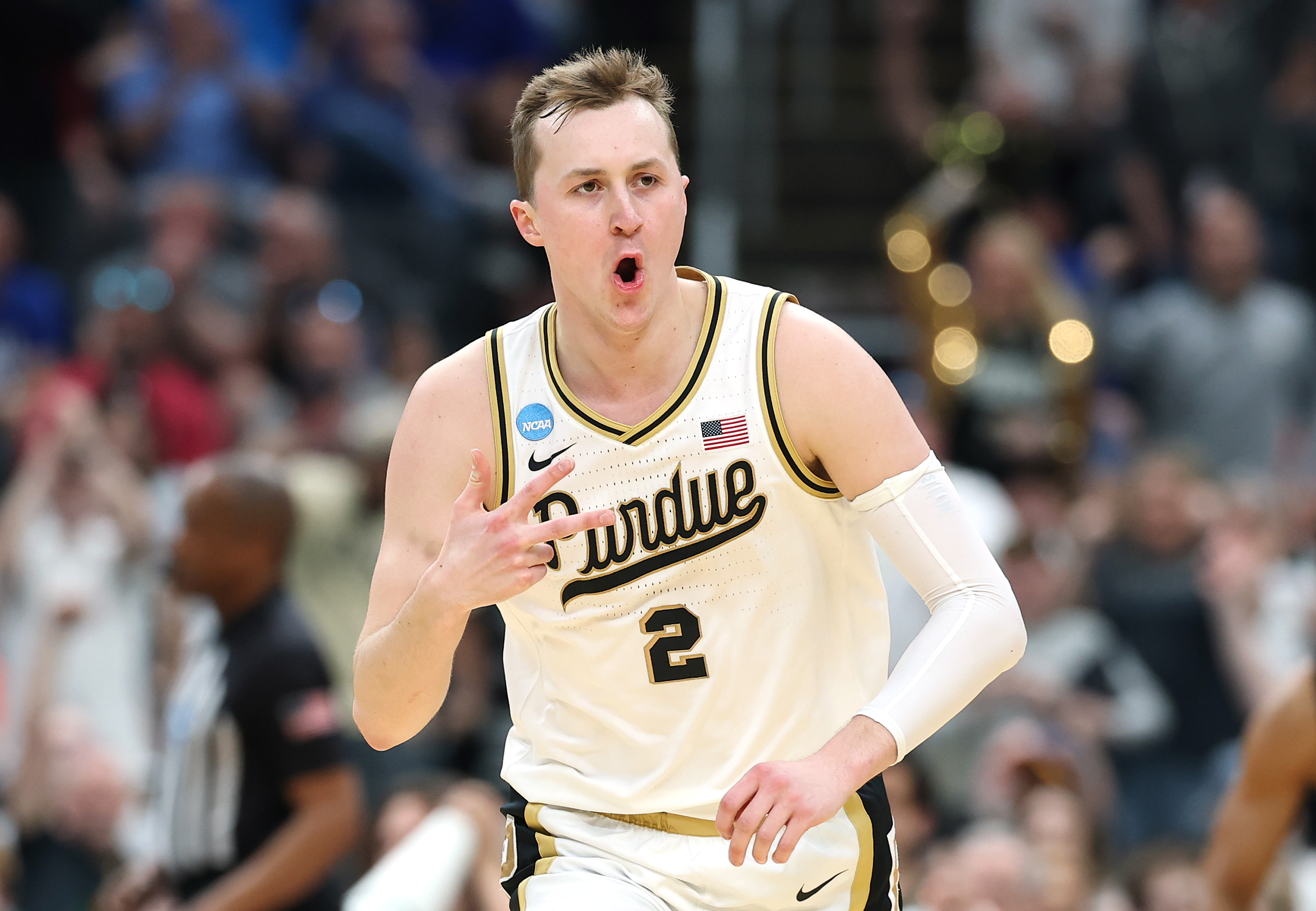 Purdue Univeristy basketball Fletcher Loyer celebrates a made 3-point shot