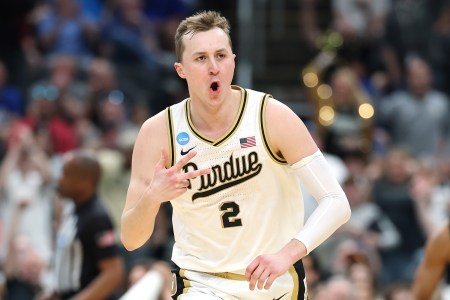 Purdue Univeristy basketball Fletcher Loyer celebrates a made 3-point shot