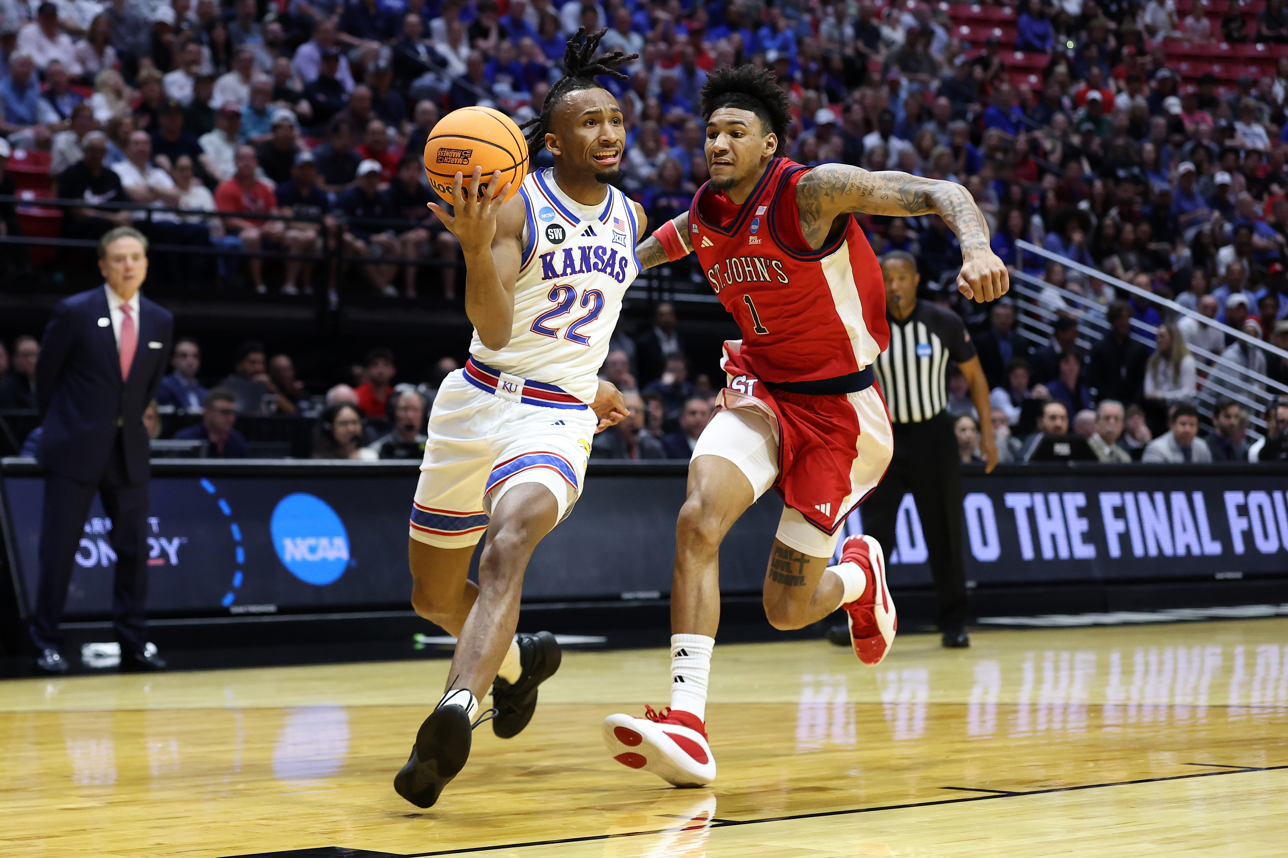Kansas guard Darryn Peterson drives to the basket