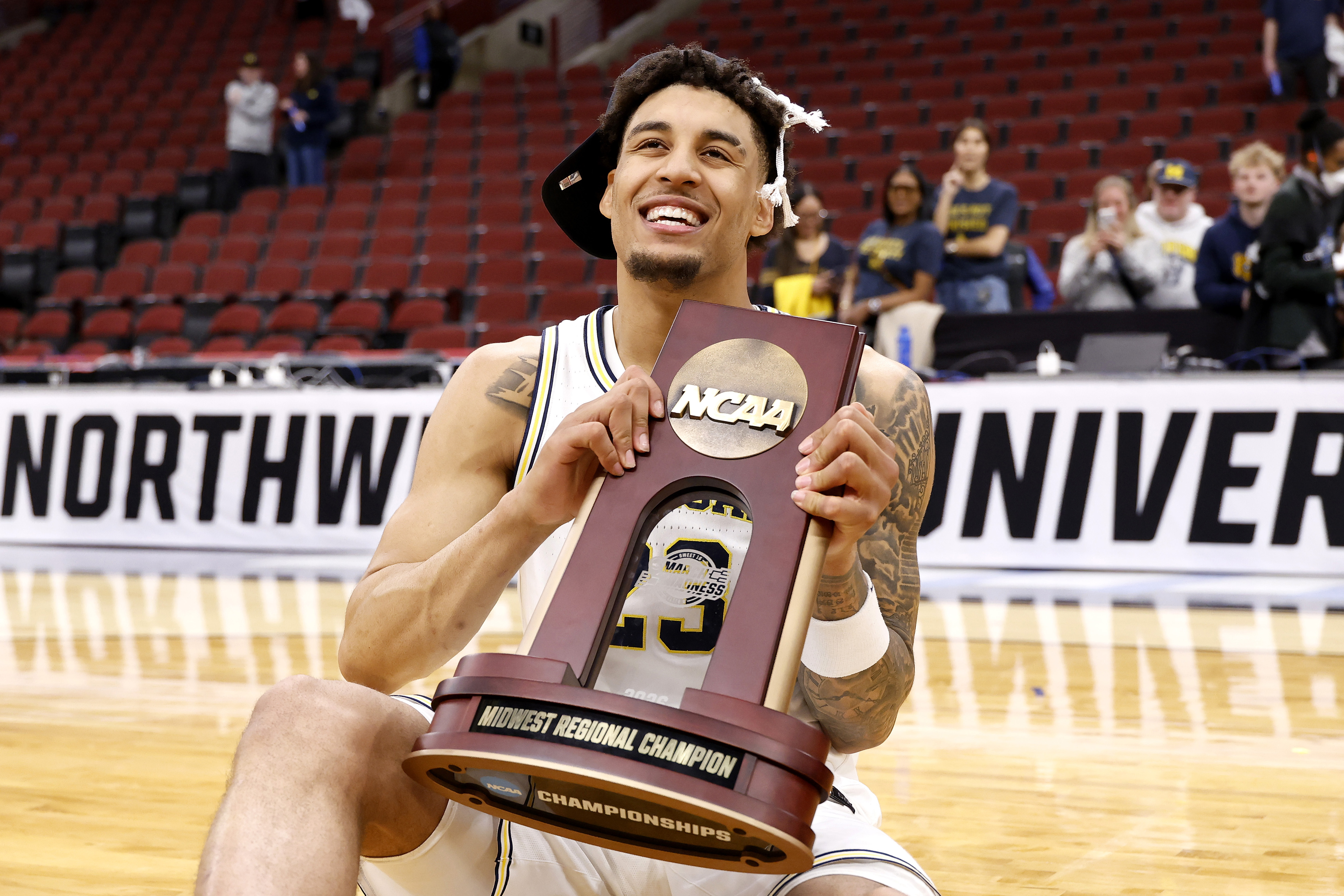 U. of Michigan basketball player Yaxel Lendeborg celebrates his team's win in the 2026 NCAA Midwest Region final