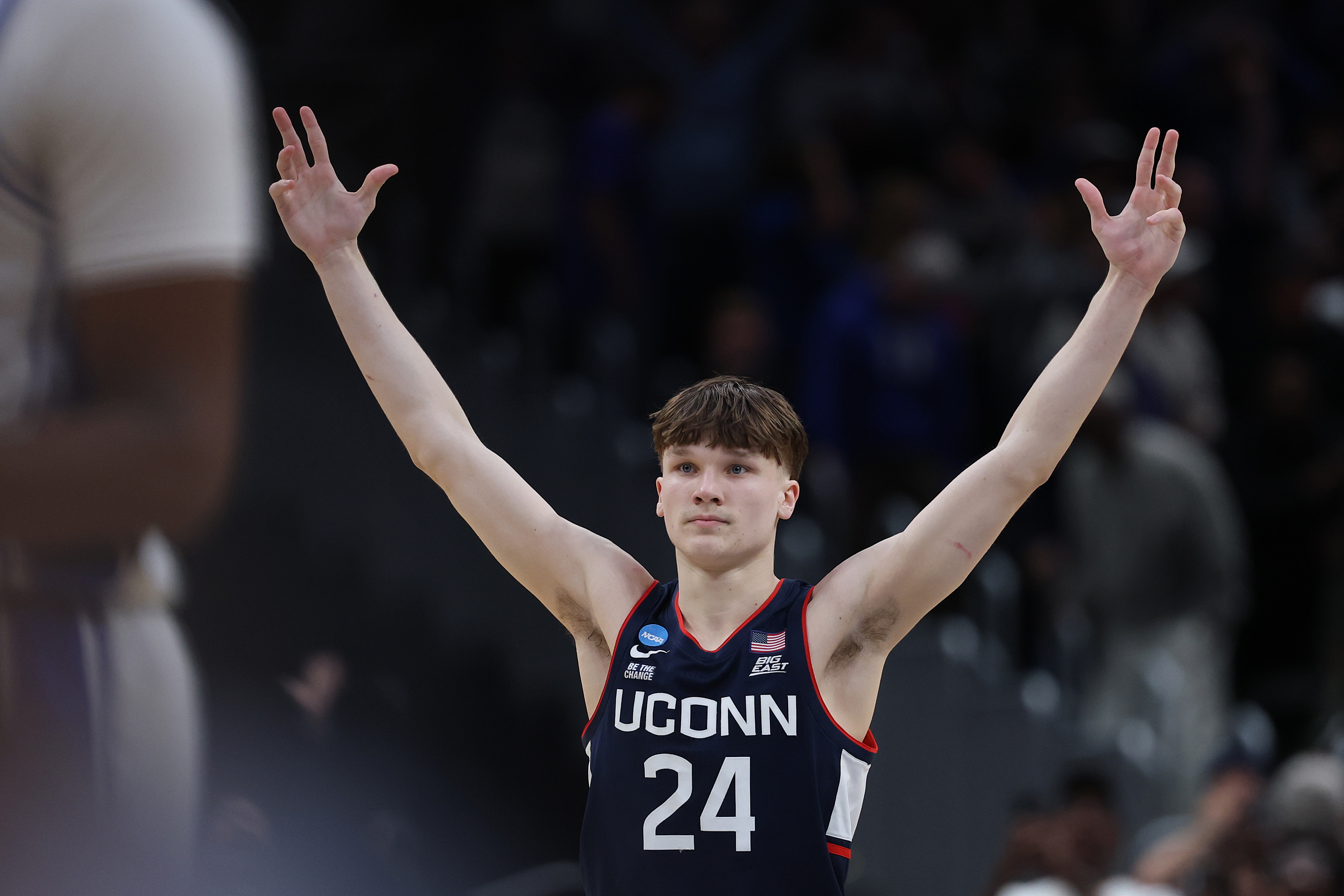UConn's Braylon Mullins celebrates after nailing a miracle shot with against Duke in the Elite Eight