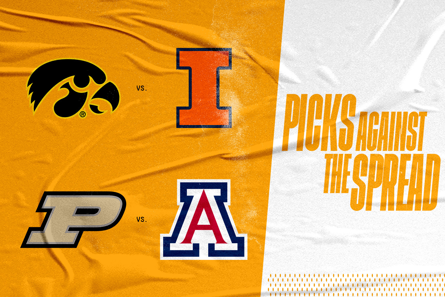 A graphic highlighting the NCAA tournament via logos for the following universities: Iowa vs Illinois and Purdue vs Arizona.