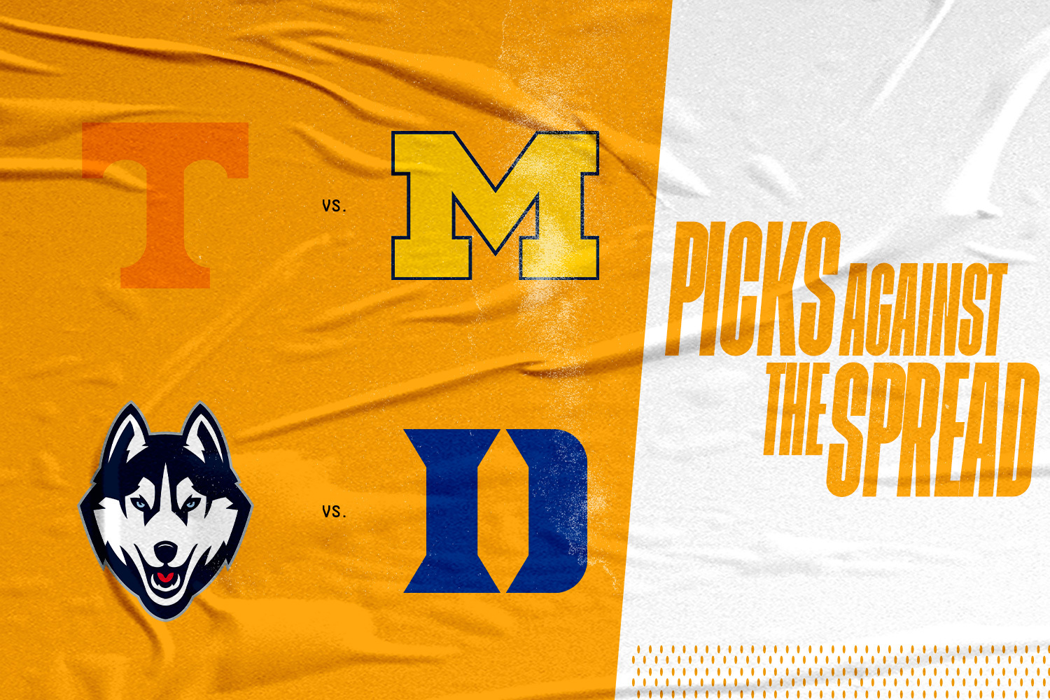 A graphic highlighting the NCAA tournament via logos for the following universities: Tennessee, Michigan, UConn and Duke