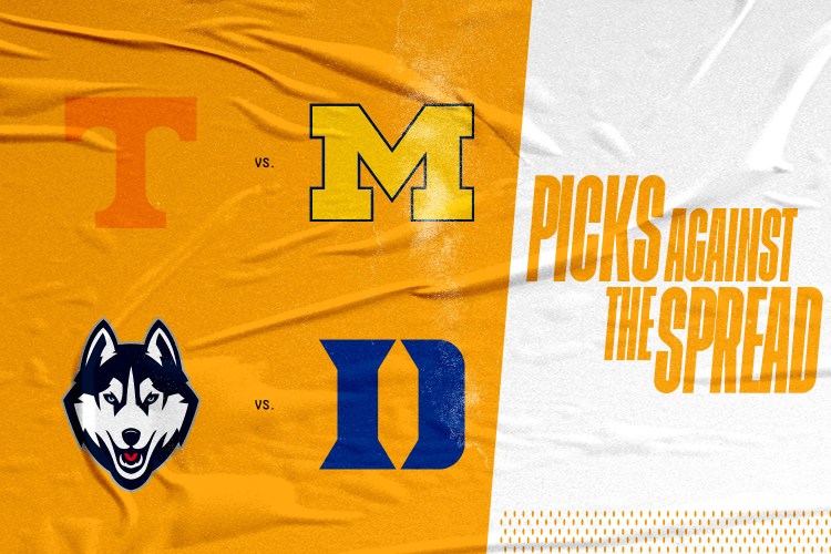 A graphic highlighting the NCAA tournament via logos for the following universities: Tennessee, Michigan, UConn and Duke
